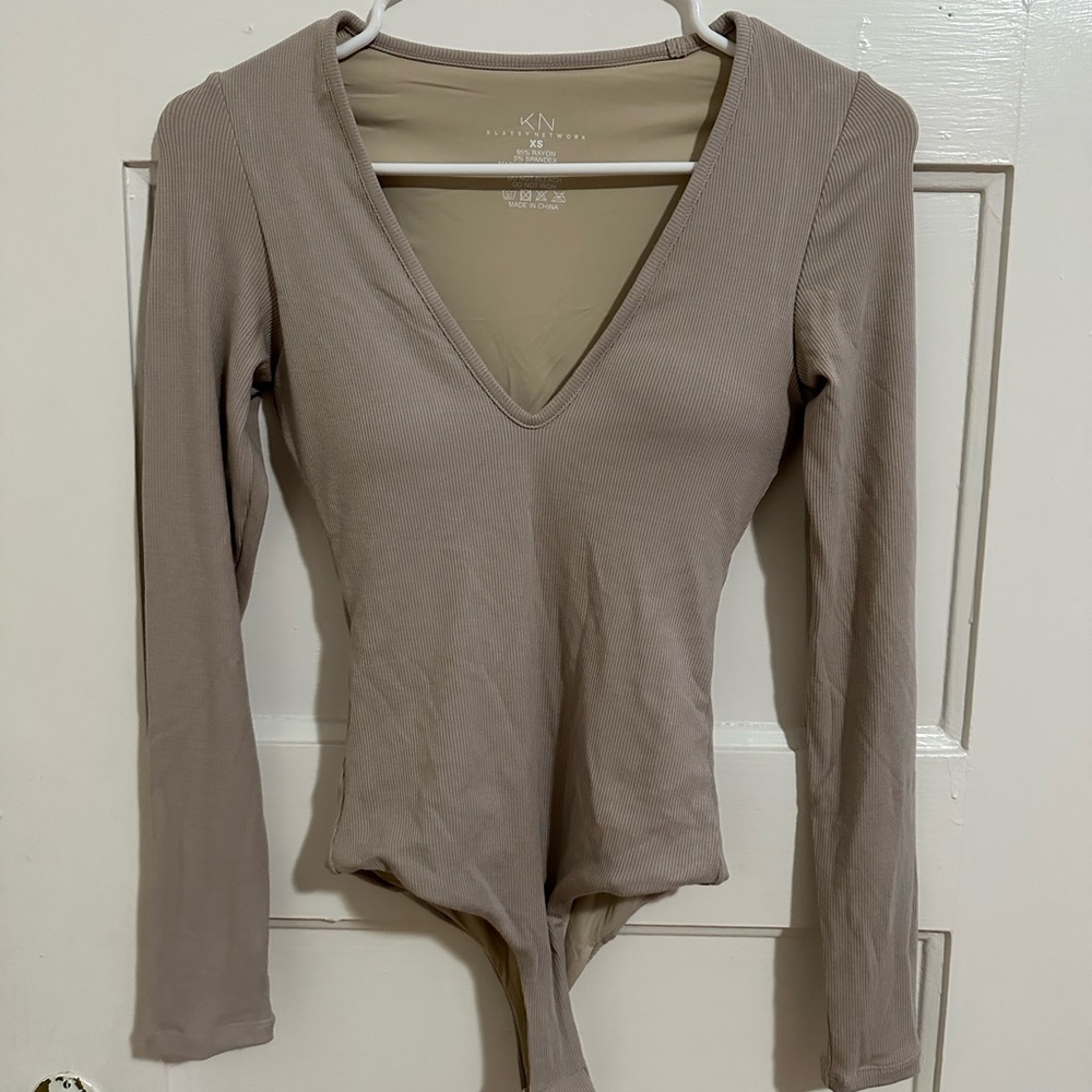 Klassy Network Tan Fitted Bodysuit with Tie Front